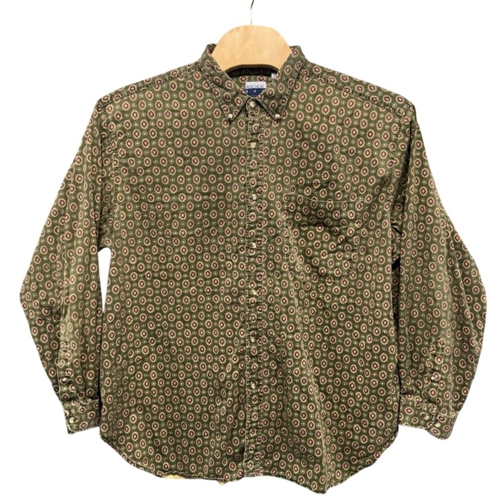 Anchor Bay Mens 3X Olive Green Medallion Print Cotton Button Down Shirt Long Slv